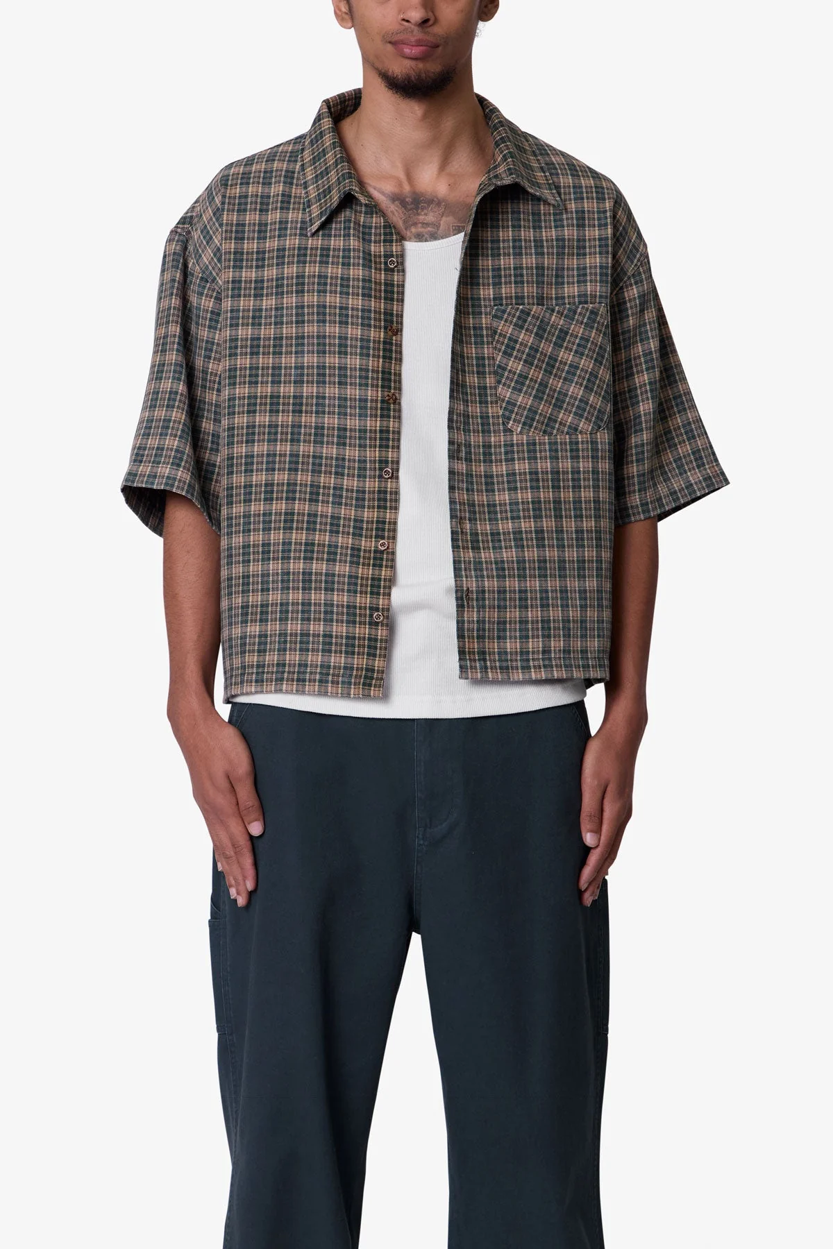 Washed Poplin Over Shirt - Green/Brown