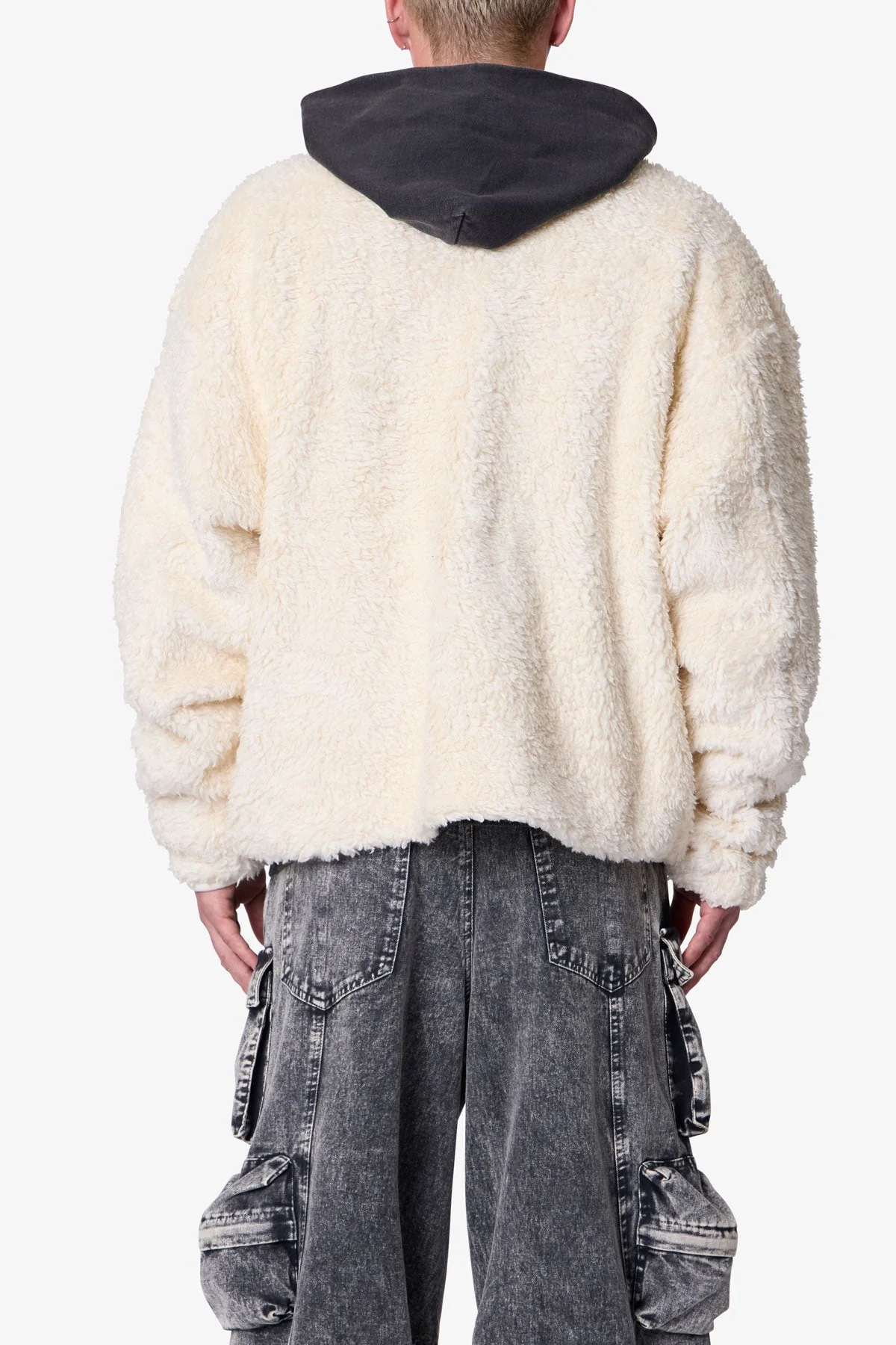 Leather Trim Sherpa Zip Up Jacket - Off White