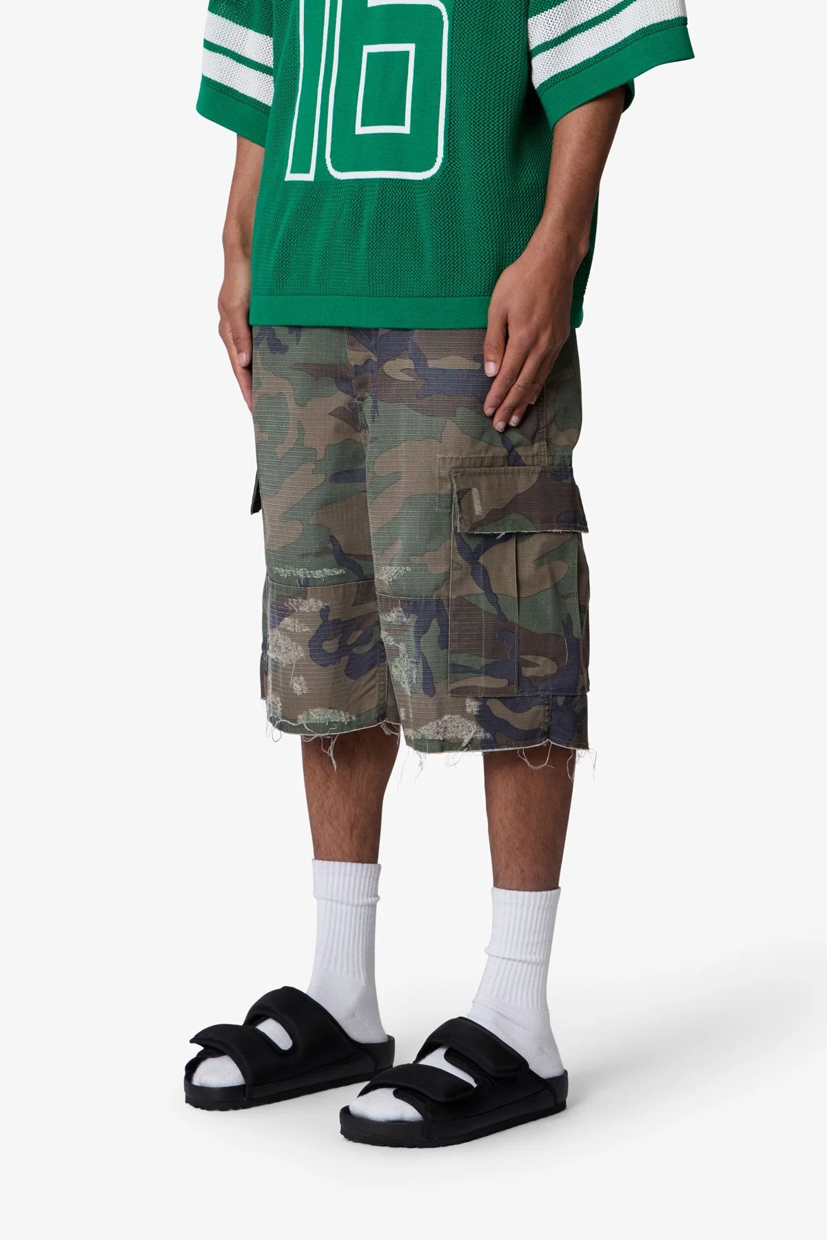 Baggy Distressed Cargo Shorts - Washed Camo