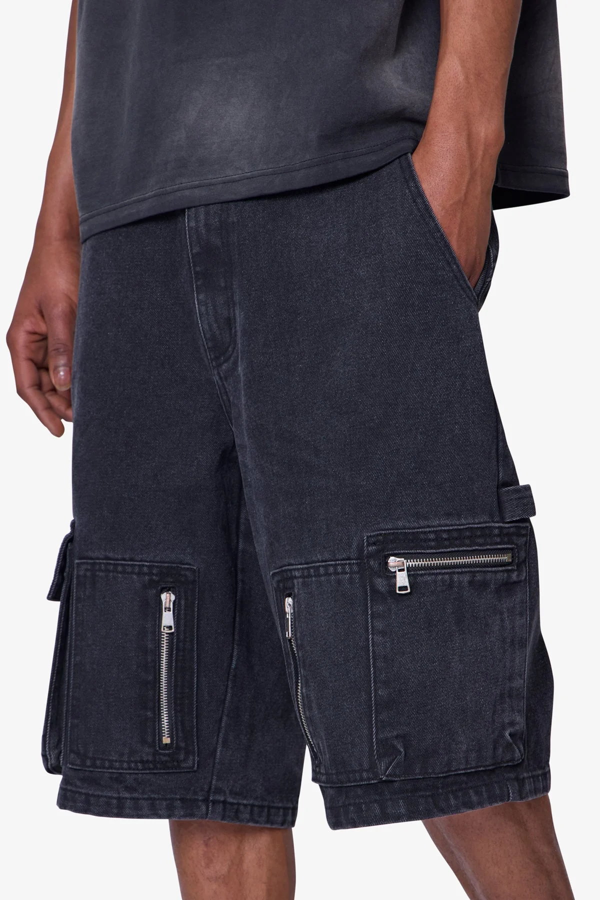 Baggy Zipper Denim Shorts - Black