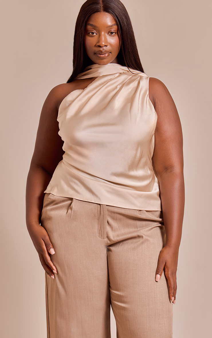 Plus Beige Satin Asymmetric Scarf Detail Top