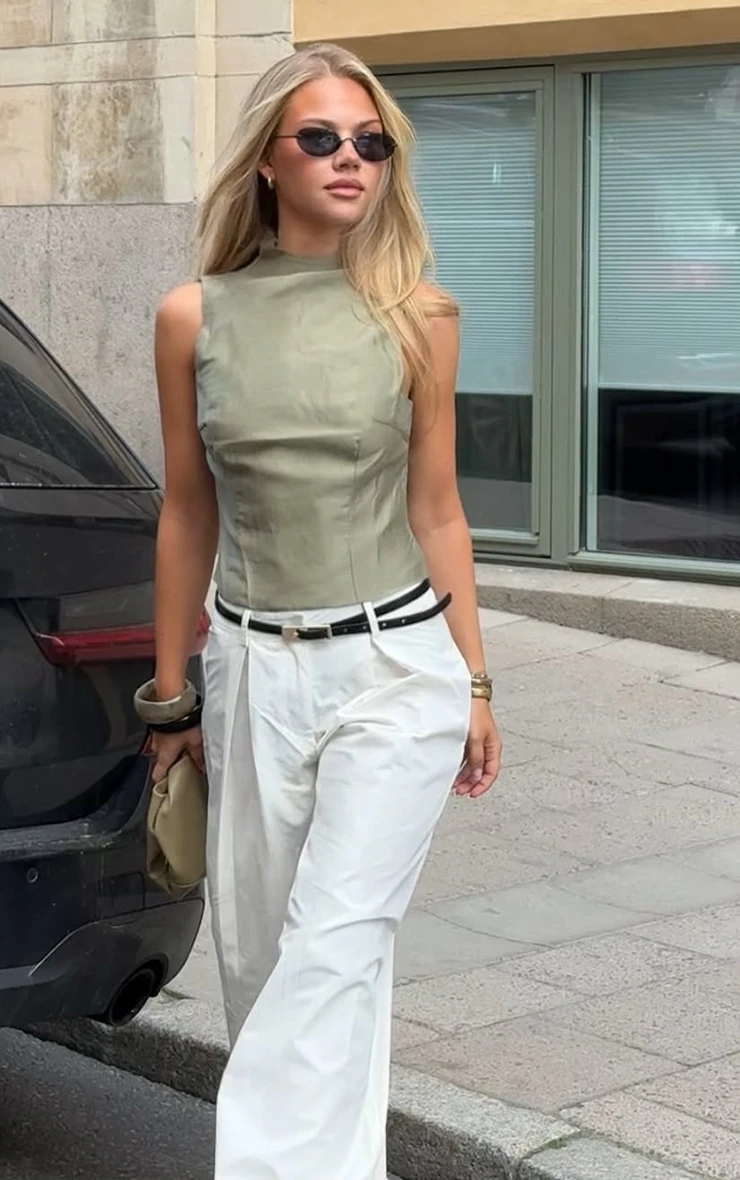 Olive Organza Ruched Longline Top