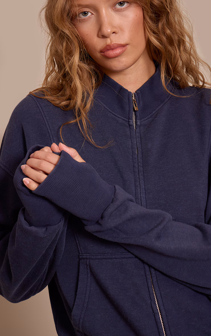 Navy Acid Wash Funnel Neck Zip Sweatshirt