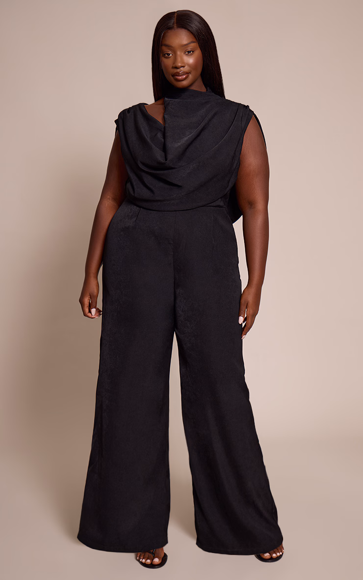 Plus Premium Black Woven Asymmetric Cowl Drape Back Jumpsuit