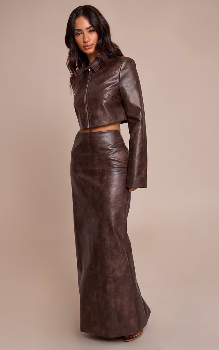 Petite Chocolate Faux Leather Maxi Skirt