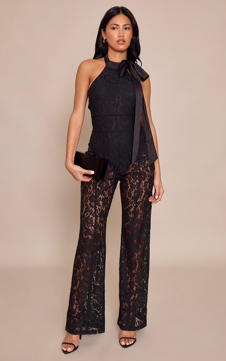 Black Lace Bow Detail Straight Leg Jumpsuit