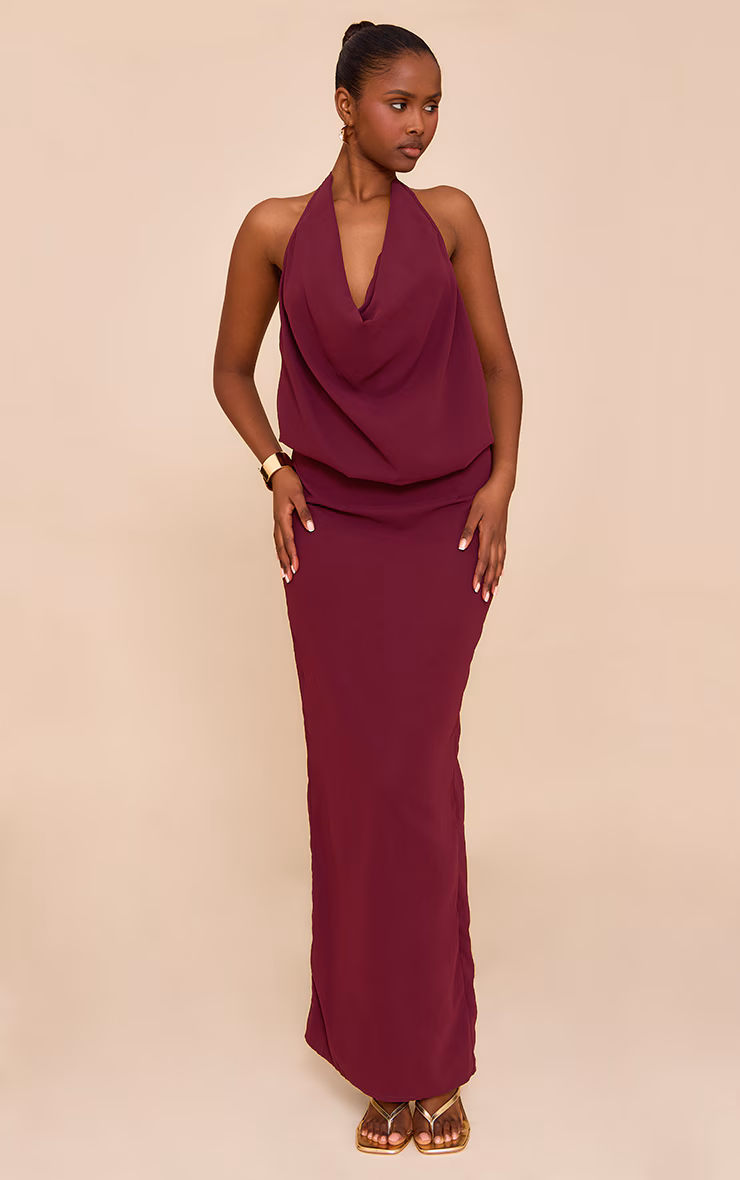 Plum Chiffon Cowl Neck Maxi Dress