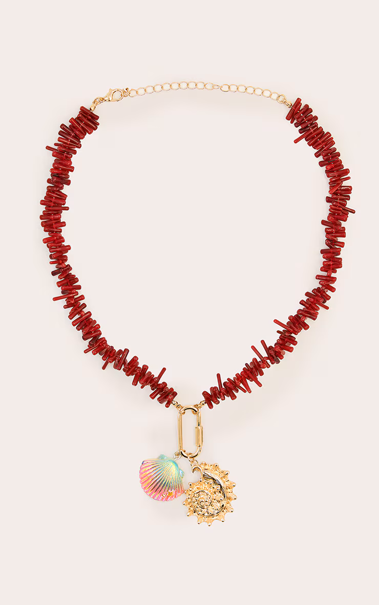 Red Beaded Shell Pendant Necklace