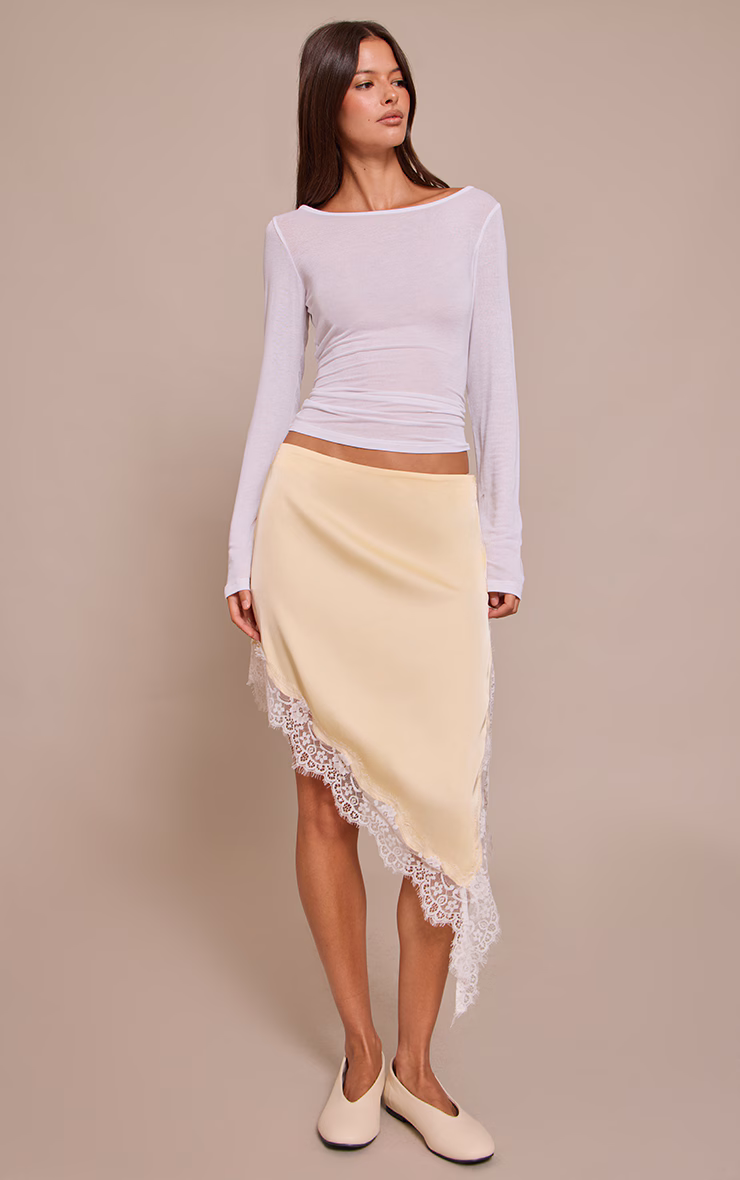 Lemon Satin Lace Trim Asymmetric Midi Skirt