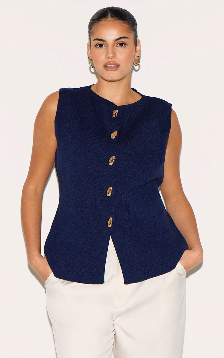 Plus Navy Compact Knit Button Up Vest