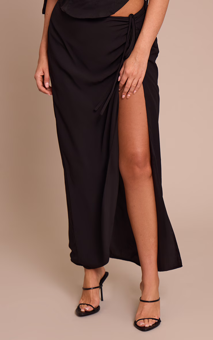 Shape Black Chiffon Ruched Split Maxi Skirt