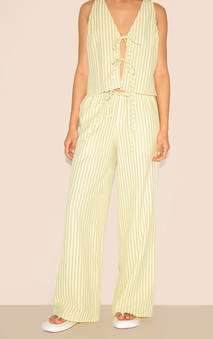 Lime Green Striped Tie Waist Straight Leg Pant
