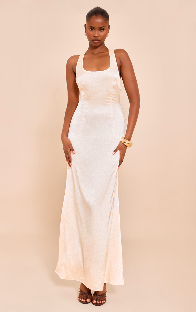 Natural Satin Cross Back Midaxi Dress