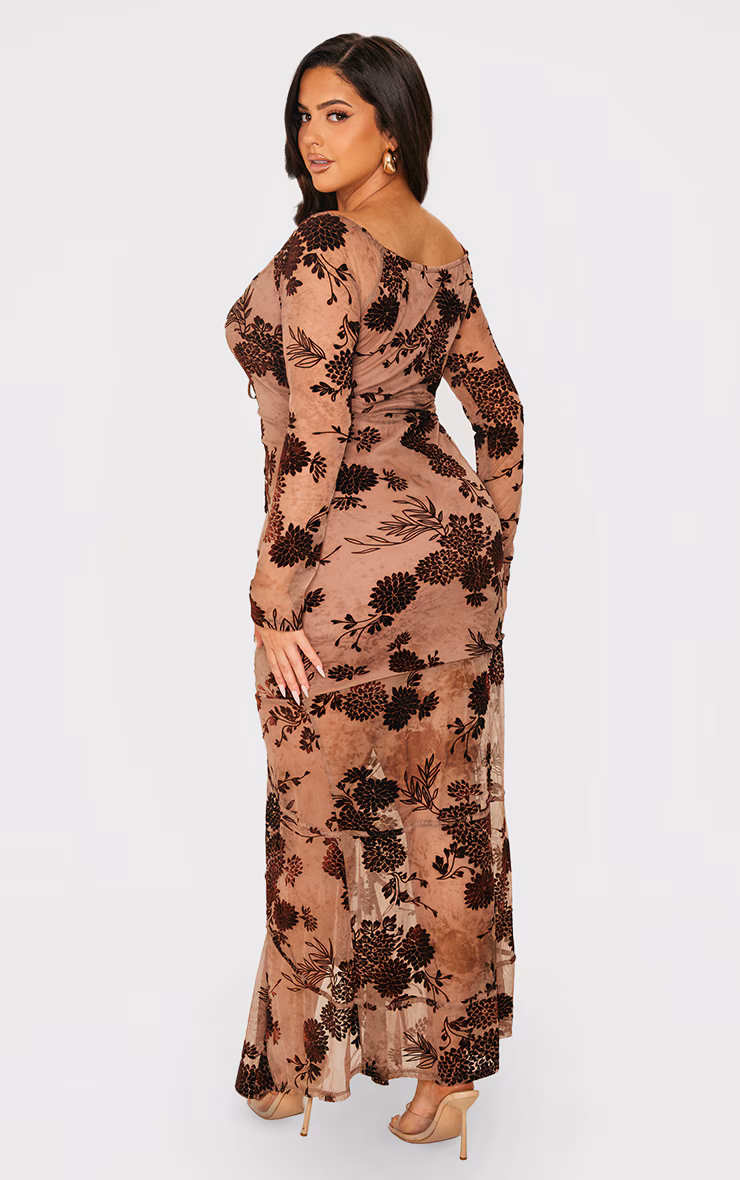 Plus Brown Floral Print Devore Off The Shoulder Long Sleeve Maxi Dress