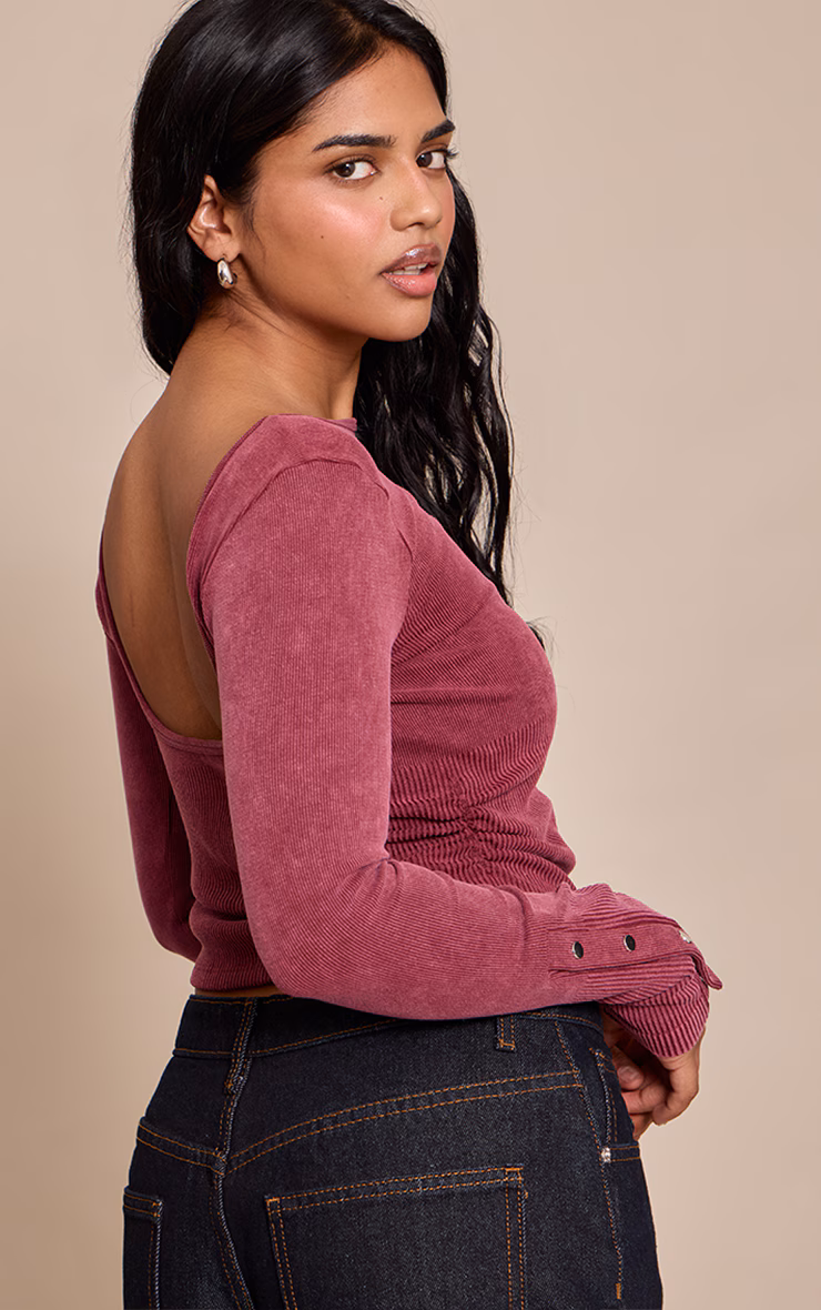 Petite Burgundy Snatched Rib Long Sleeve Popper Detail Open Back Top