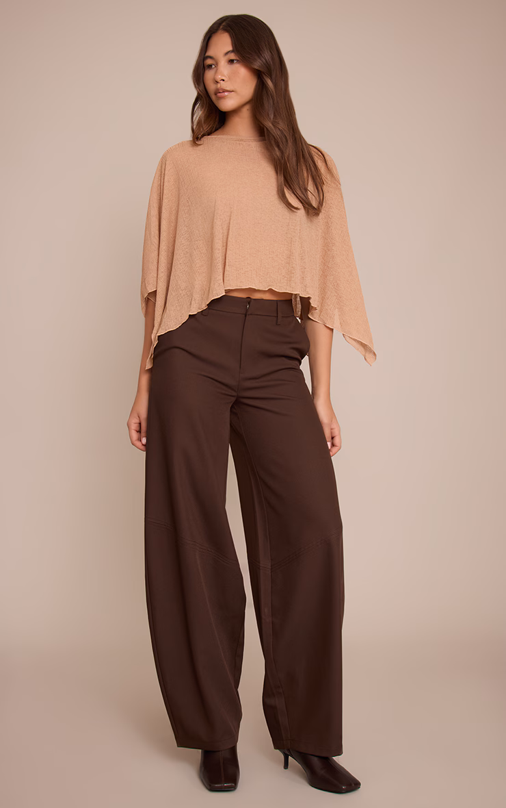 Sand Ribbed Burnout Mesh Cape Detail Long Top