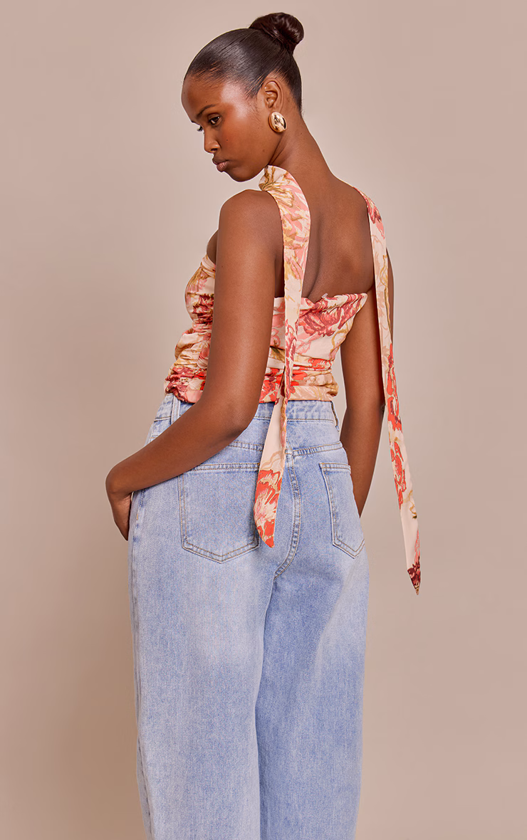 Multi Floral Print Chiffon Bandeau Scarf Detail Top