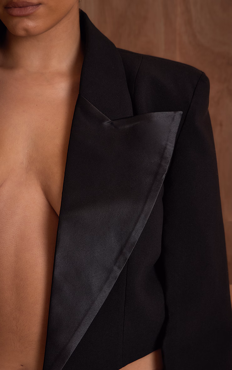 PLT Label Plus Black Satin Lapel Cropped Blazer
