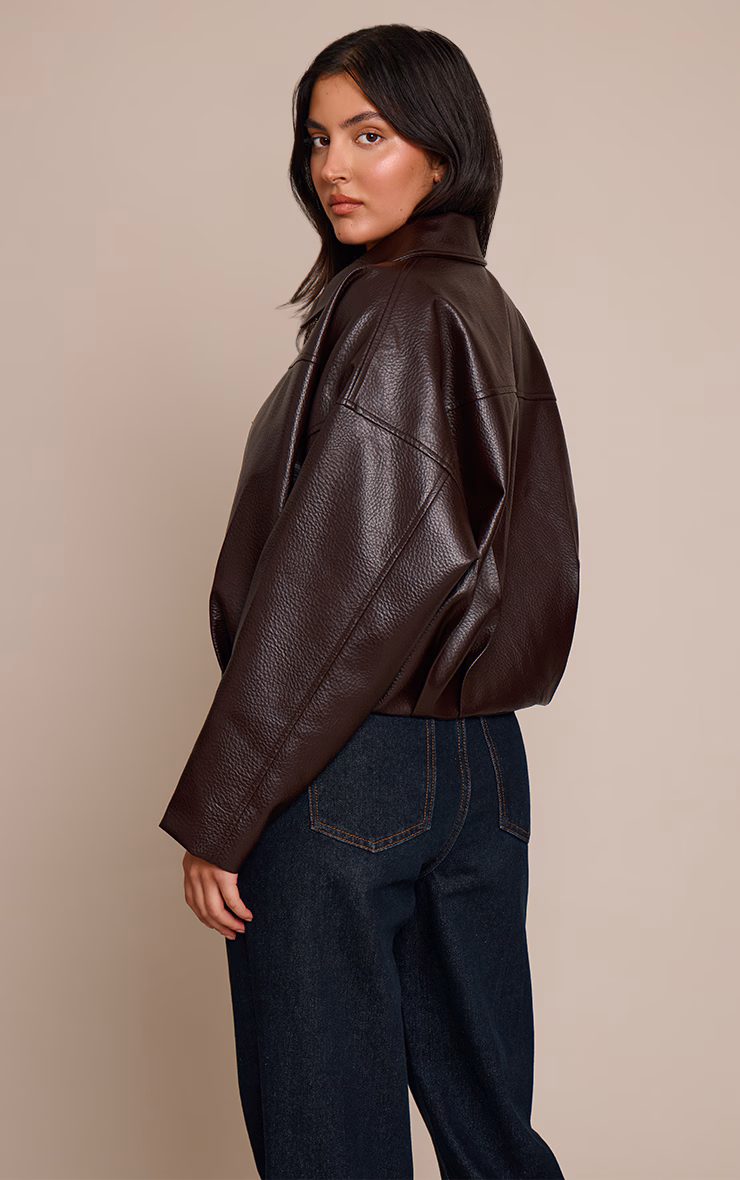 Bitter Chocolate Faux Leather Covered Placket Bomber Jacket