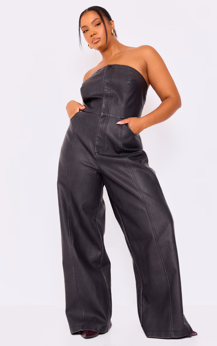 Plus Black Faux Leather Bandeau Lace Back Straight Leg Jumpsuit