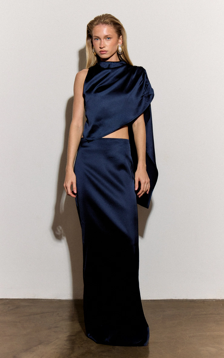 Navy Satin Low Rise Maxi Skirt