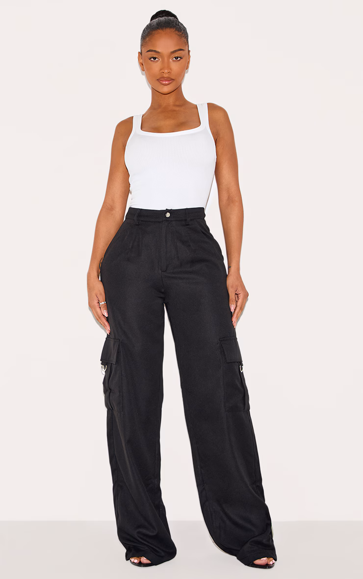 PRETTYLITTLETHING Shape Black Buckle Detail Cargo Wide Leg Pants