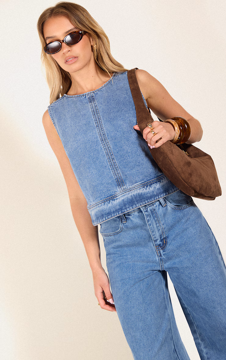 Mid Blue Wash Round Neck Sleeveless Boxy Denim Top