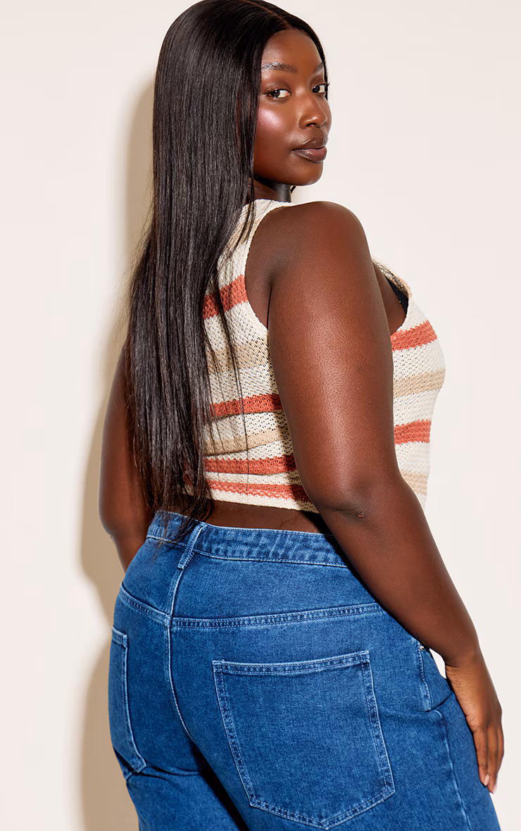 Plus Multi Textured Striped Boat Neck Flute Sleeve Vest Top