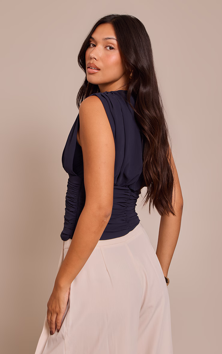 Navy Chiffon Plunge Ruched Bodice Top