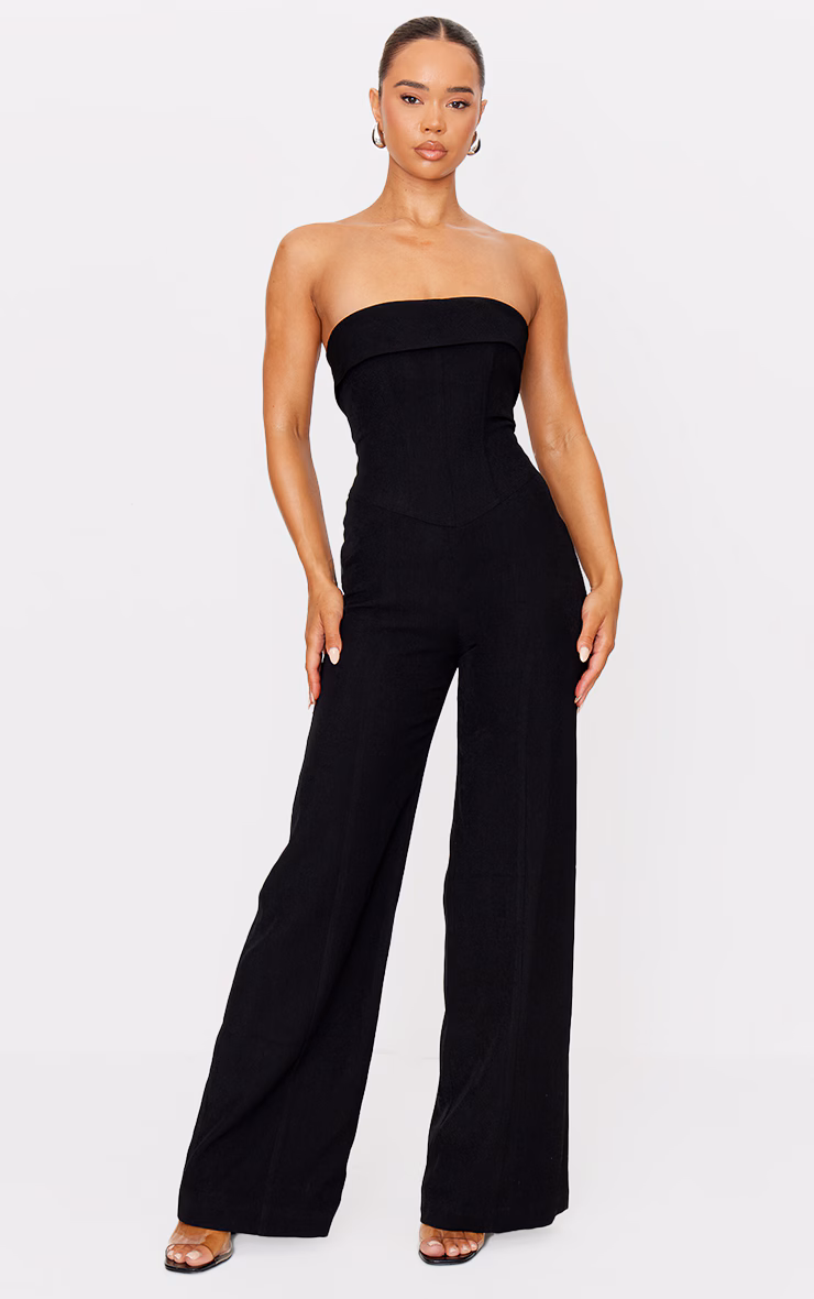 Premium Black Woven Bandeau Corset Straight Leg Jumpsuit