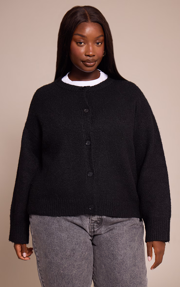 Plus Black Brushed Oversized Detail Round Neck Cardigan