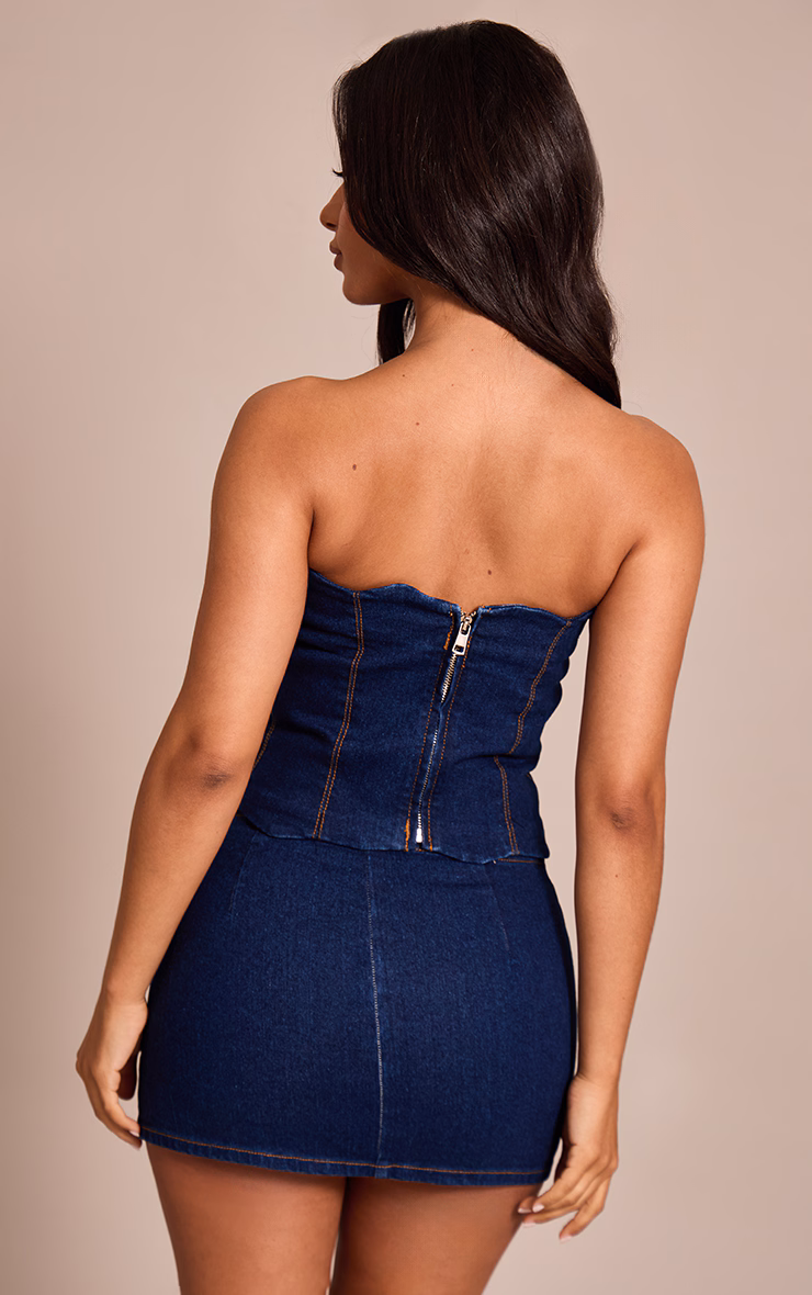 Petite Indigo Denim Scalloped Edge Bandeau Top