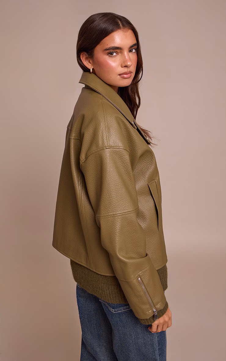 Olive Faux Leather Oversized Biker Jacket
