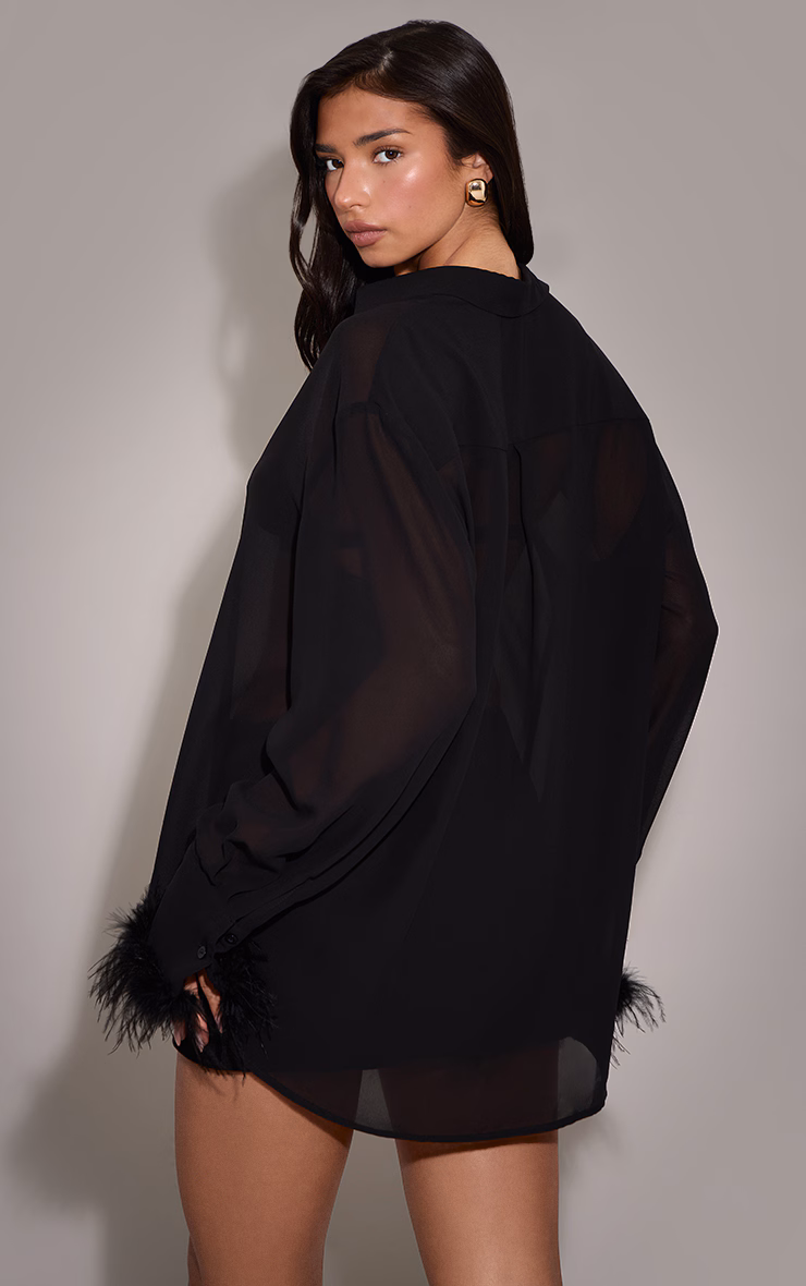 Black Oversized Sheer Feather Cuff Shirt