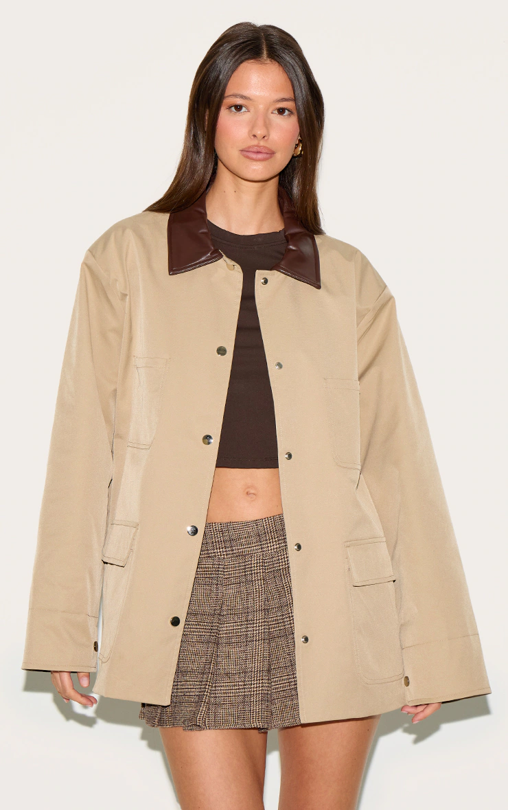 Beige Contrast Collar Rubberised Jacket