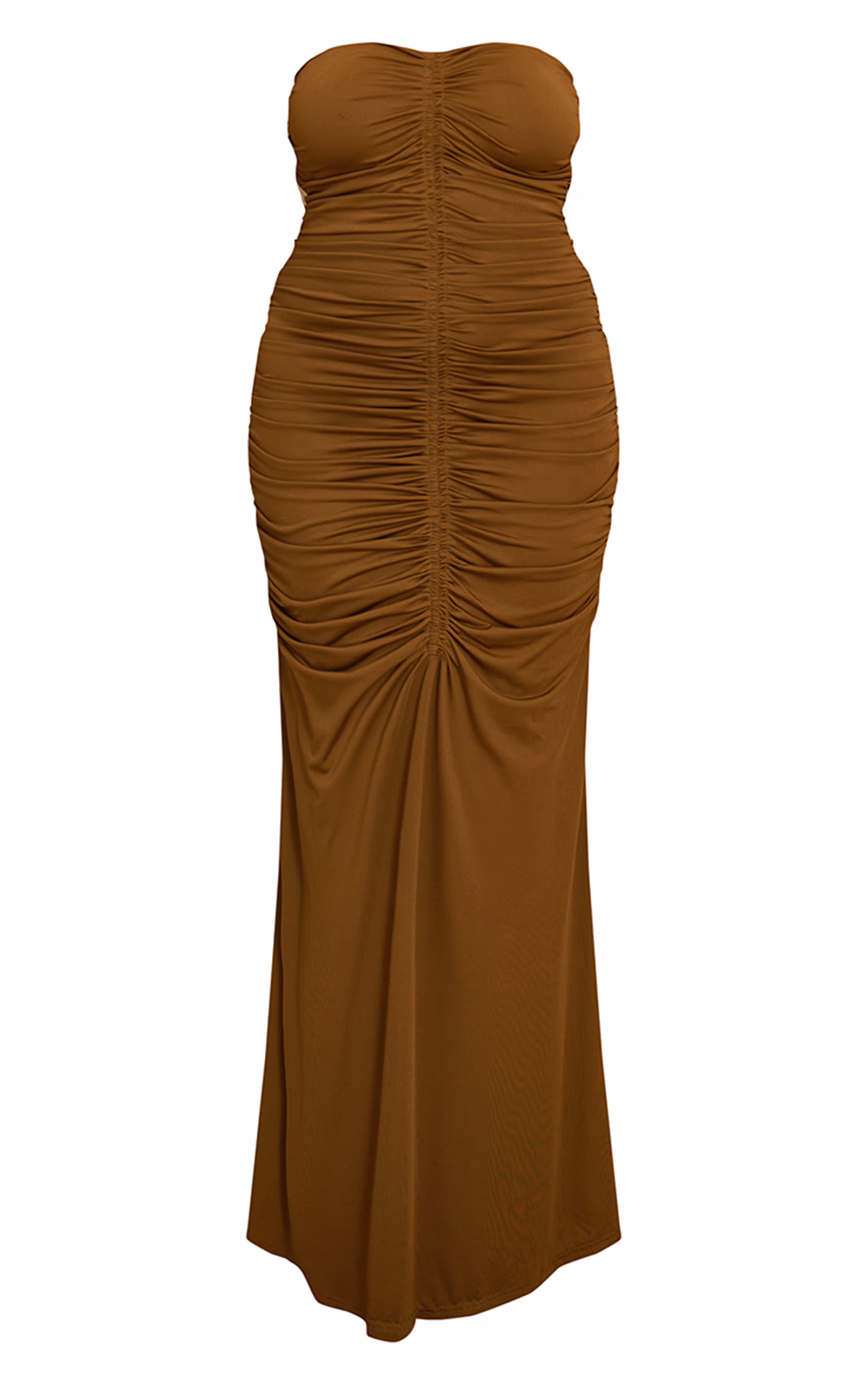 PLT Label Plus Golden Olive Slinky Ruched Bandeau Fishtail Maxi Dress