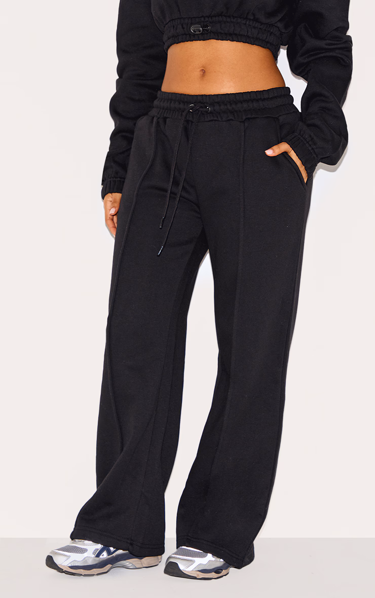 Petite Black Wide Leg Seam Detailed Sweatpants