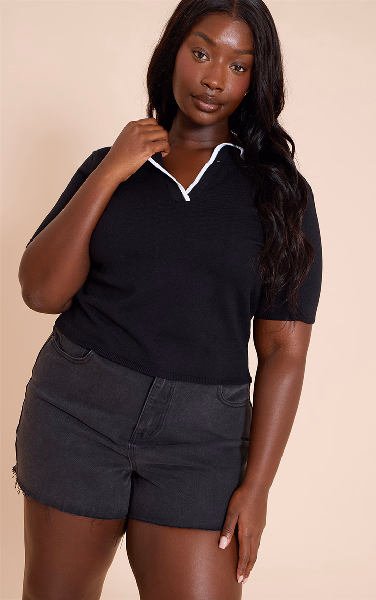 Plus Washed Black Raw Hem Denim Hotpant