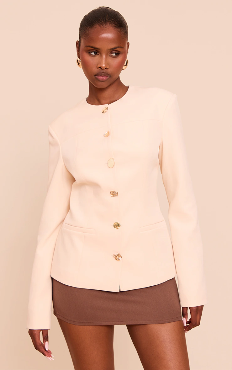 Beige Multi Button Up Round Neck Fitted Jacket