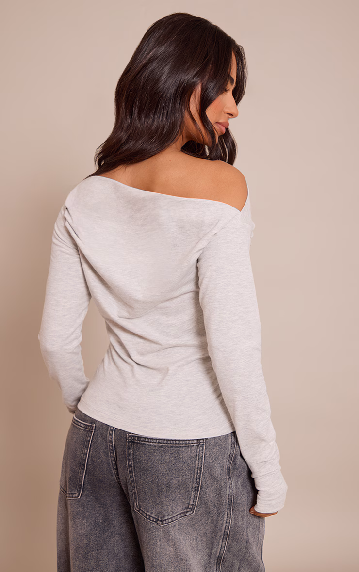 Petite Grey Marl Soft Cotton Ruched Asymmetric Long Sleeve Top