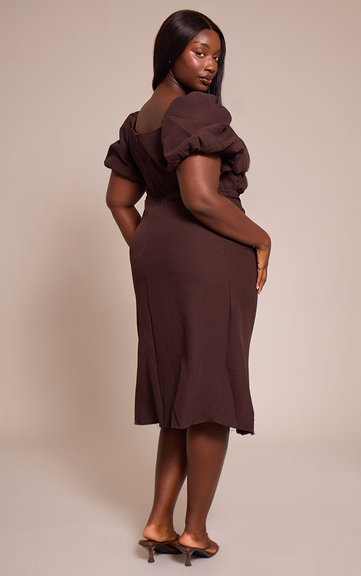Plus Chocolate Puff Sleeve Ruched Split Side Midi Dress