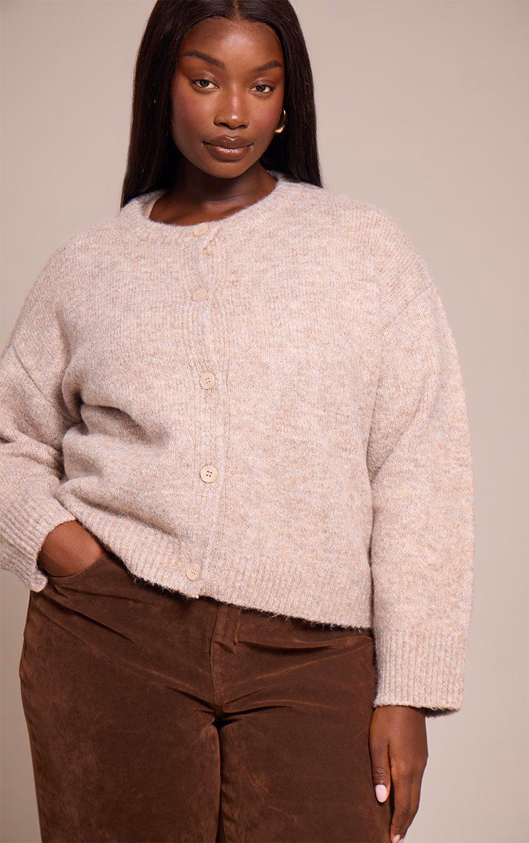 Plus Taupe Brushed Oversized Detail Round Neck Cardigan