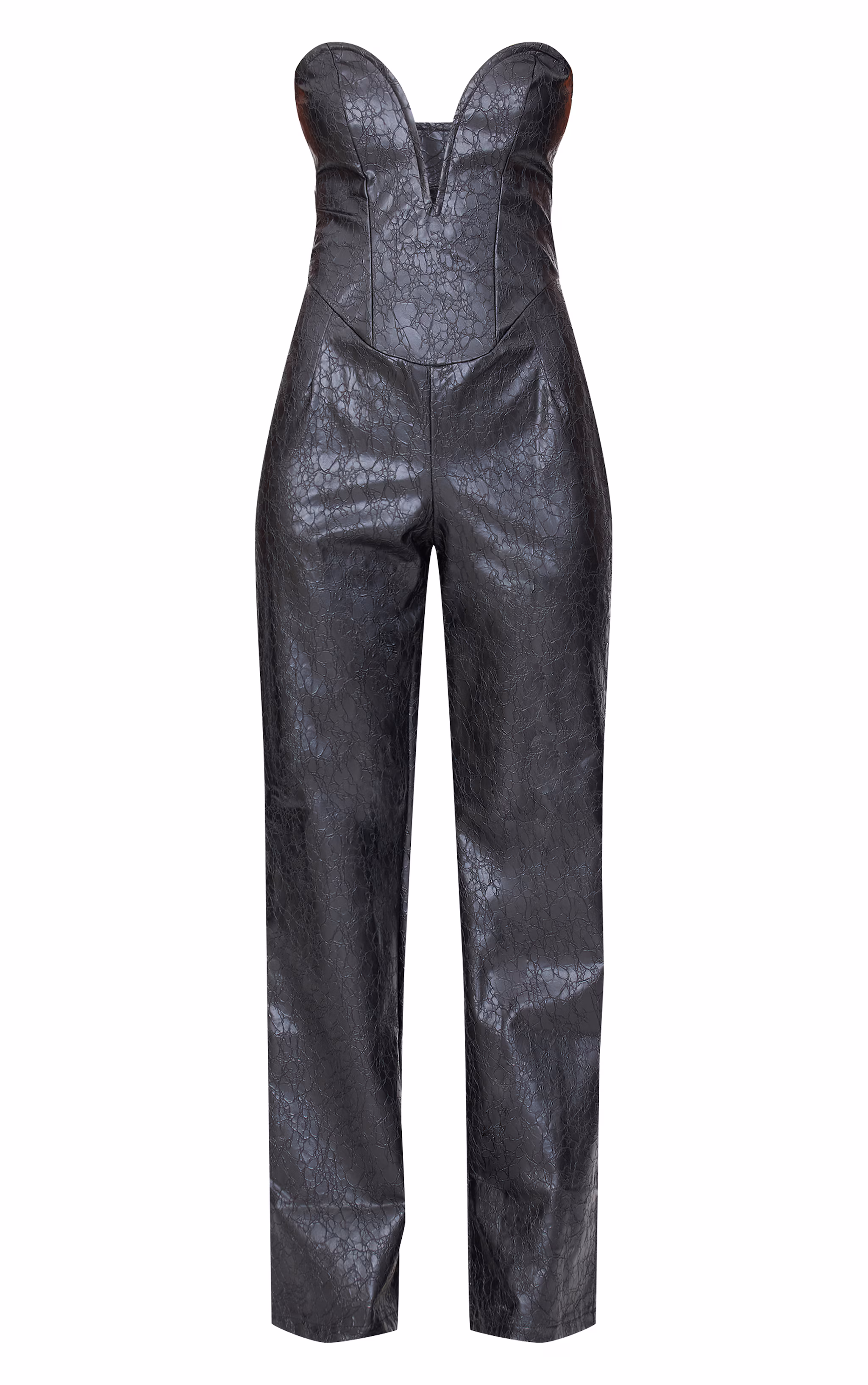 Black Croc Faux Leather Bandeau Plunge Straight Leg Jumpsuit