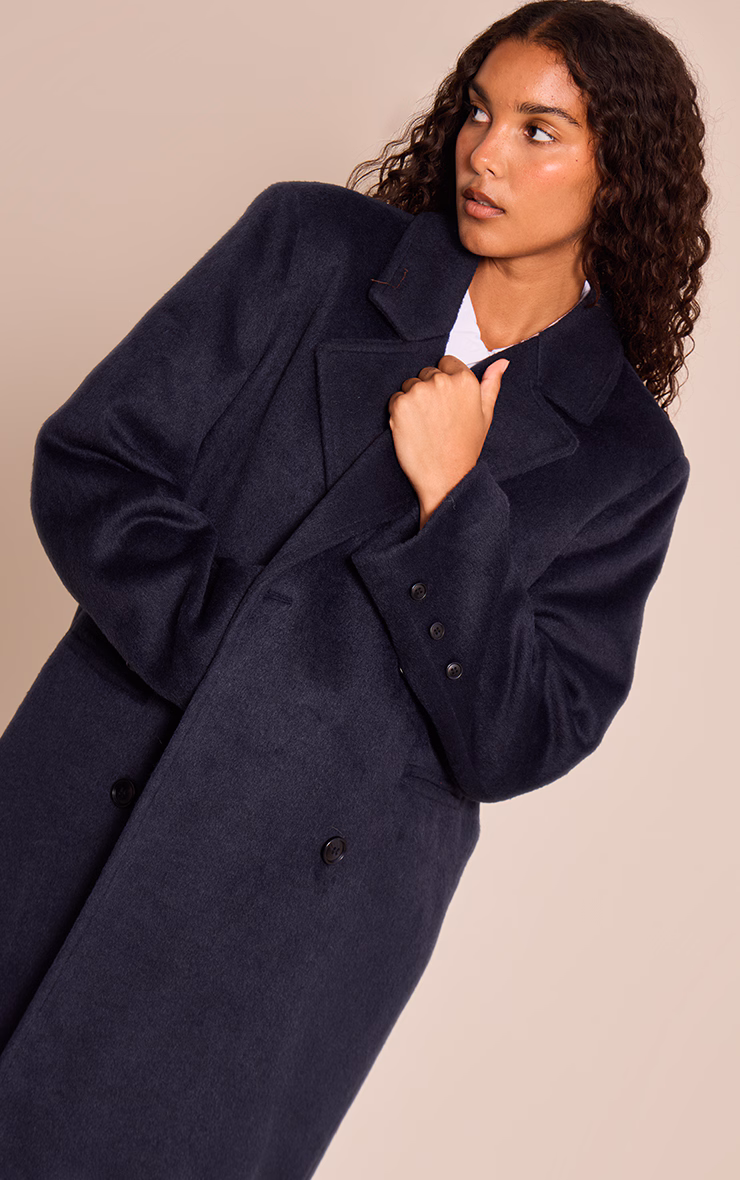 Navy Structured Double Breasted Wool Look Maxi Coat