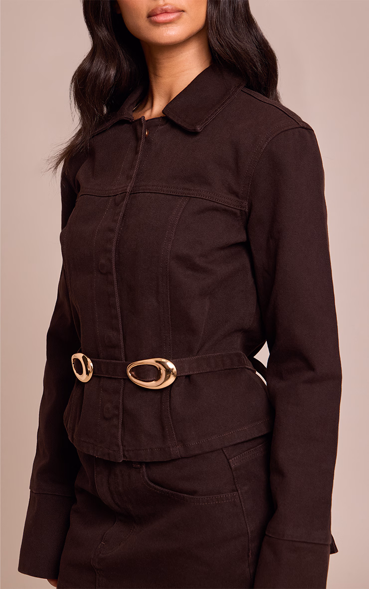 Petite Dark Chocolate Concealed Placket Crop Belted Denim Jacket