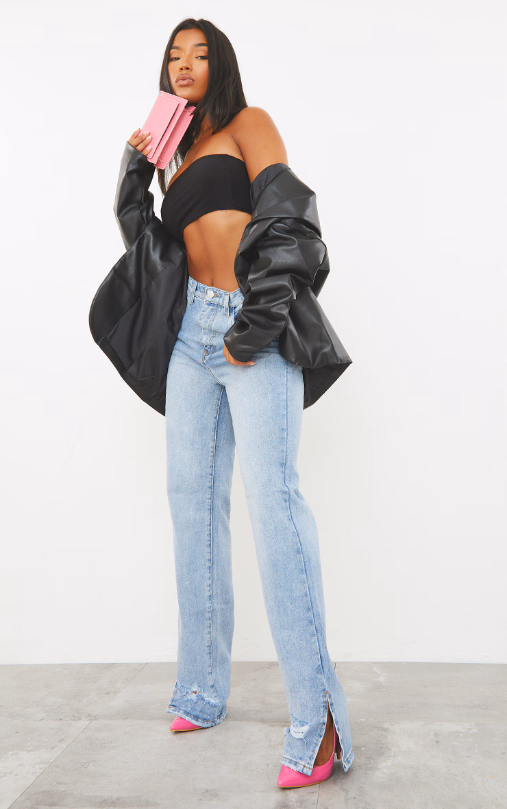 Light Blue Wash Distressed Split Hem Straight Leg Jeans