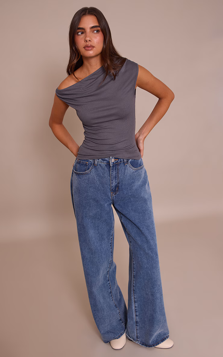 Charcoal Soft Rib Asymmetric Drape Detail Sleeveless Top