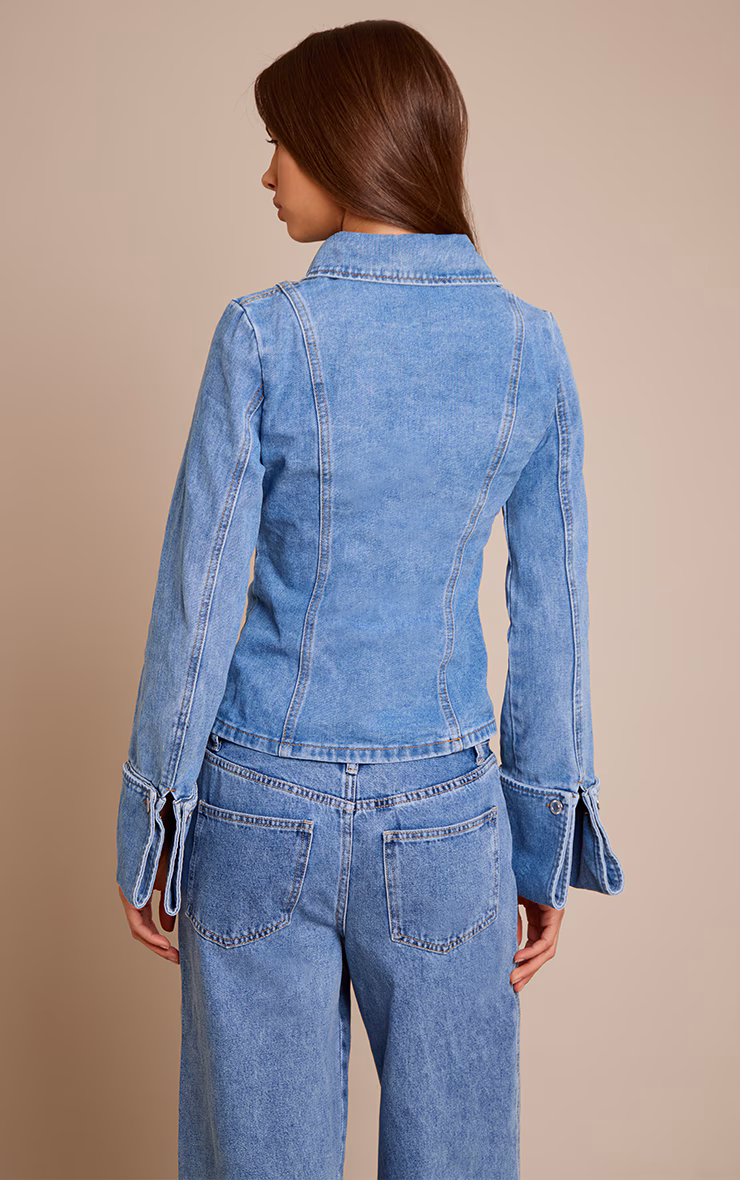 Mid Blue Wash Long Sleeve Cinch Waist Denim Shirt
