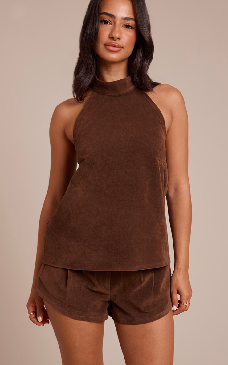 Petite Chocolate Suede Belted Mini Shorts