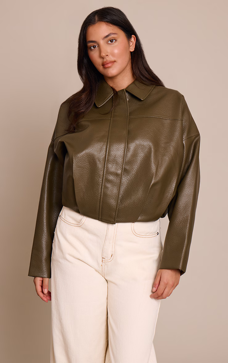 Khaki Faux Leather Covered Placket Bomber Jacket